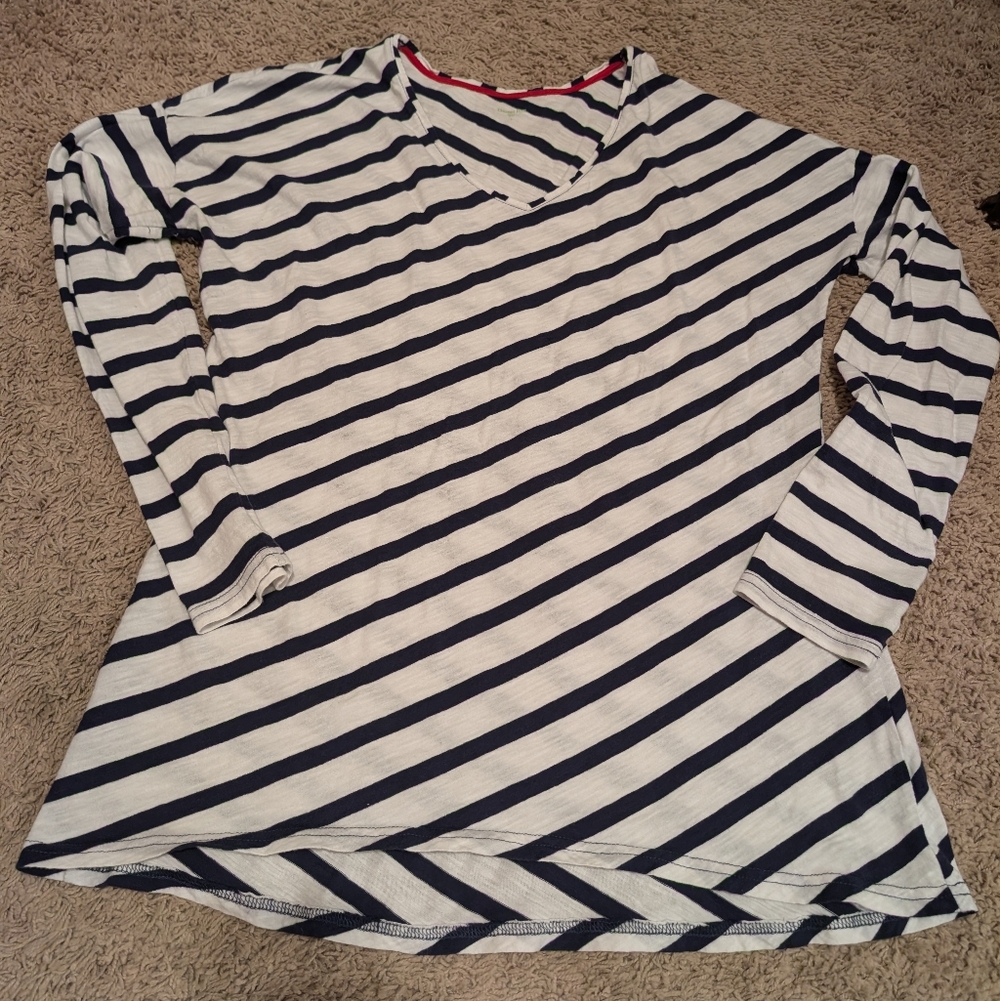 Garnet Hill Lightweight 100% Cotton Striped V-Neck Long Sleeve Top